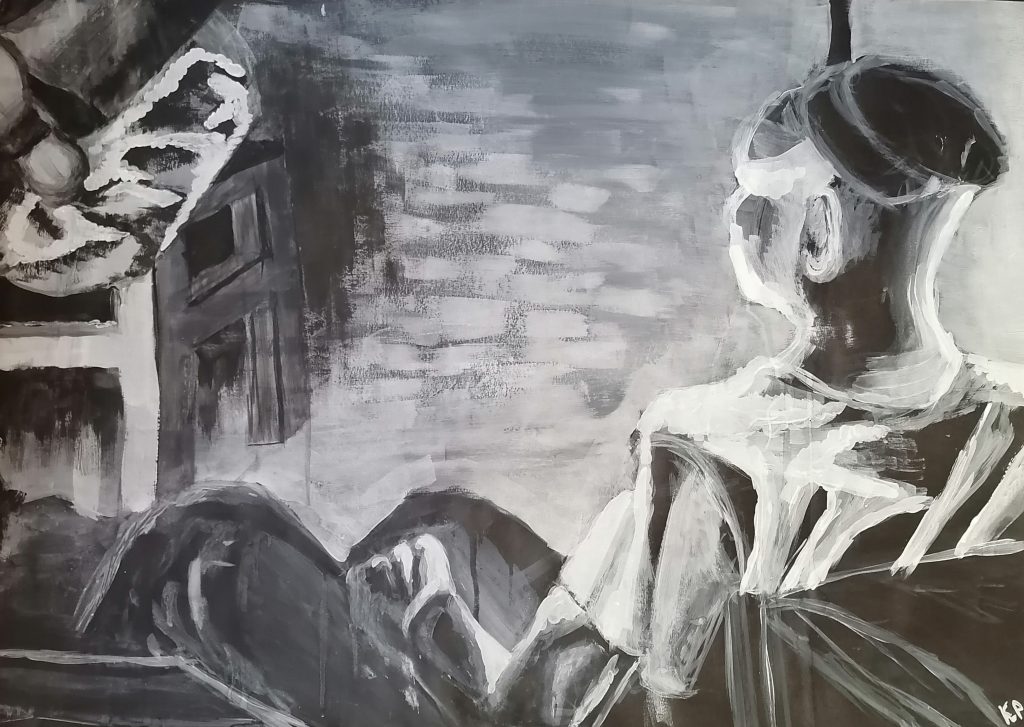 Czarnobiały obraz autorstwa Karola Pabicha, przedstawiający mężczyznę wpatrującego się przed siebie