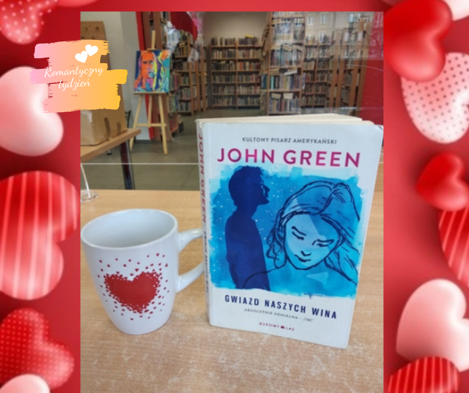 książka i kubek z serduszkiem na stoliku w romantycznej ramce