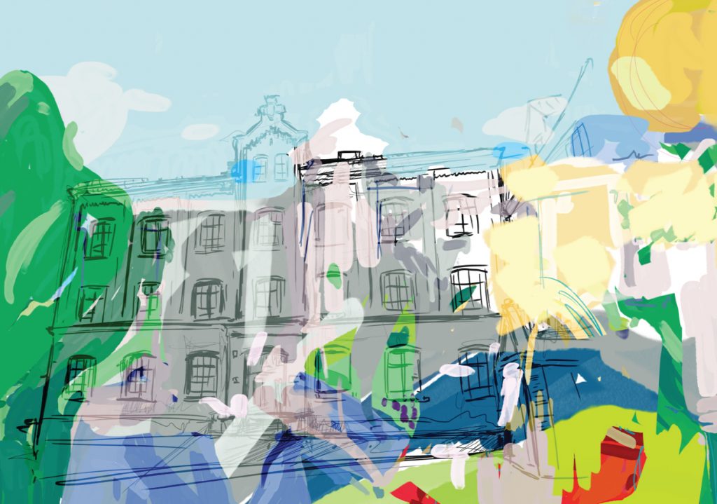 zarys budynku filii nr 7 na kolorowym tle