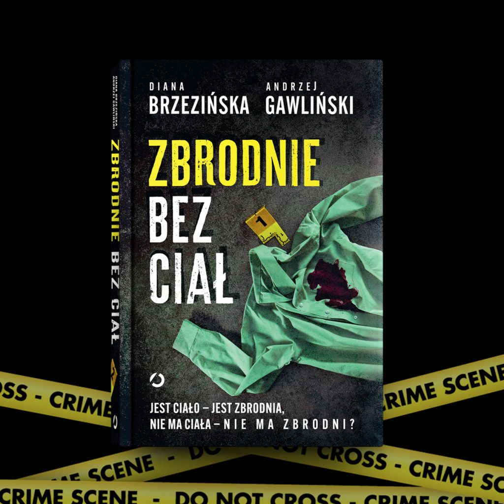 okładka książki na tle taśmy policyjnej