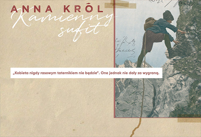 Grafika przedstawia kobietę wspinającą się po górach. Kobieta ma na głowie dużą czapkę, na plecach plecak. Ubrana jest w niebieską bluzę, bordowe spodnie do kolan, rajstopy i buty trapery. Kobieta obwiązana jest liną wokół pasa. Grafika przedstawia taterniczkę z początku XX wieku.