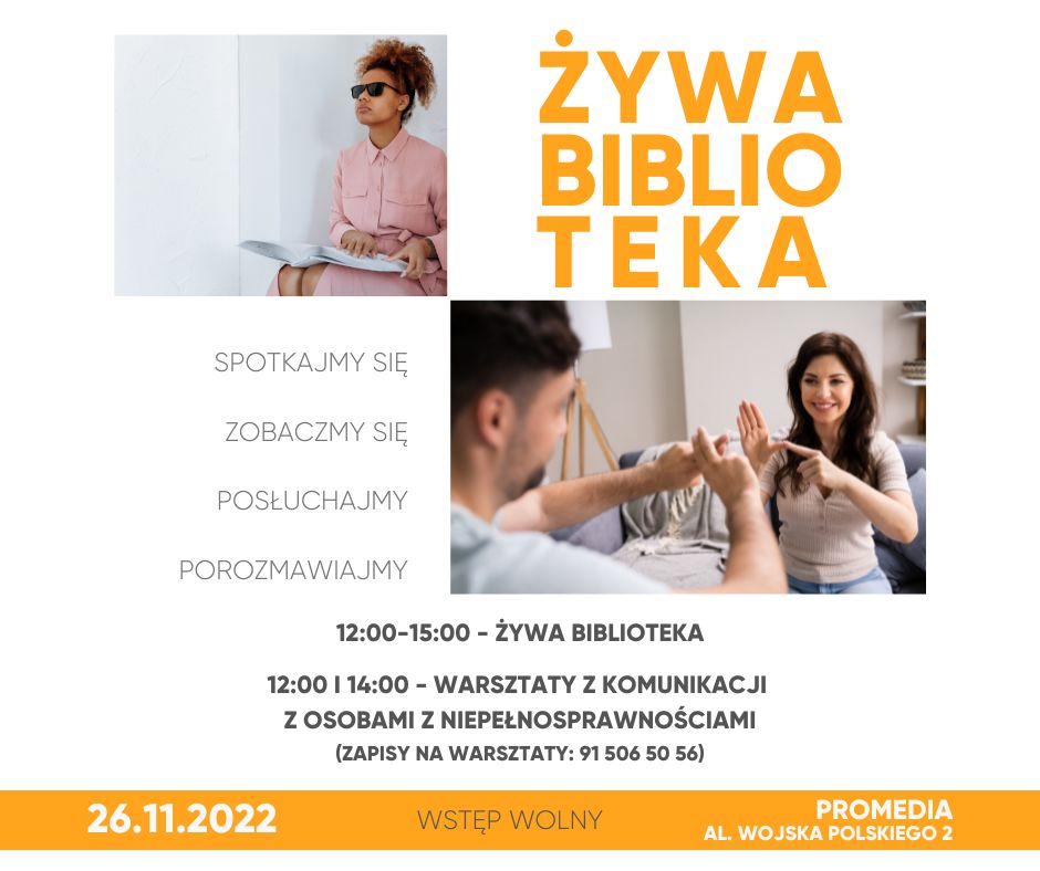 Żywa Biblioteka, osoba niewidoma, dwie osoby na wprost siebie porozumiewają się w języku migowym
