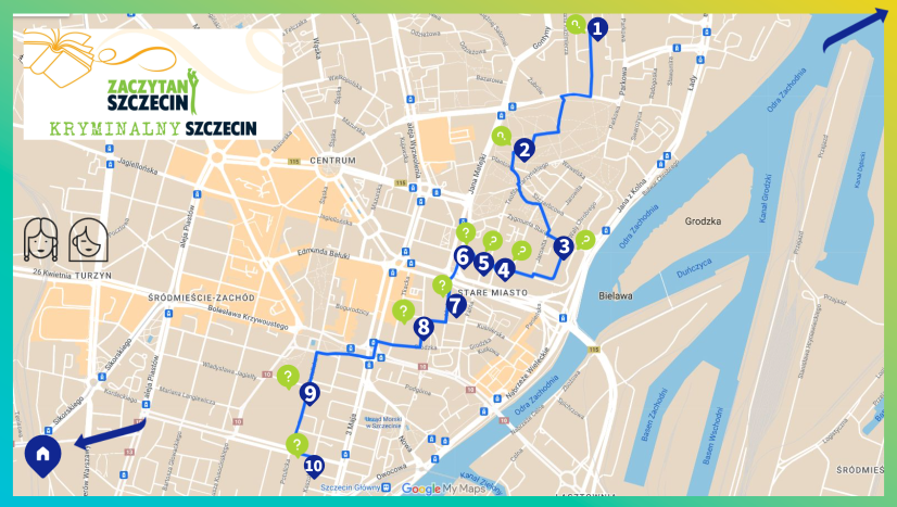Trasa spaceru zaznaczona na mapie Szczecina