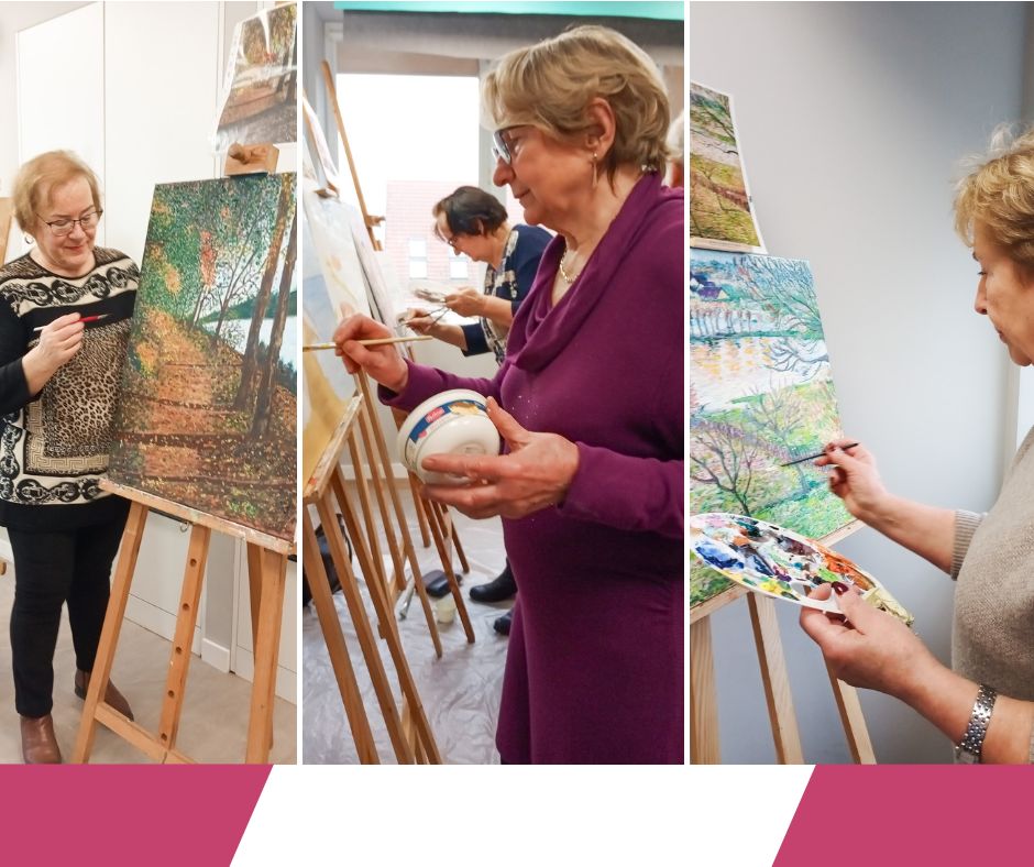 Kolaż z trzech zdjęć, na nich starsze pogodne kobiety malują farbami obrazy ustawione na sztalugach
